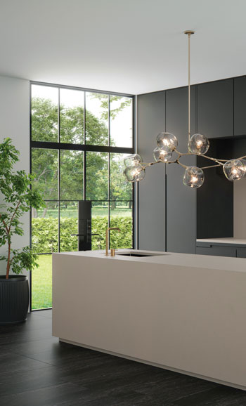 Kitchen island with Caesarstone 1002 Wyndigo quartz surfaces